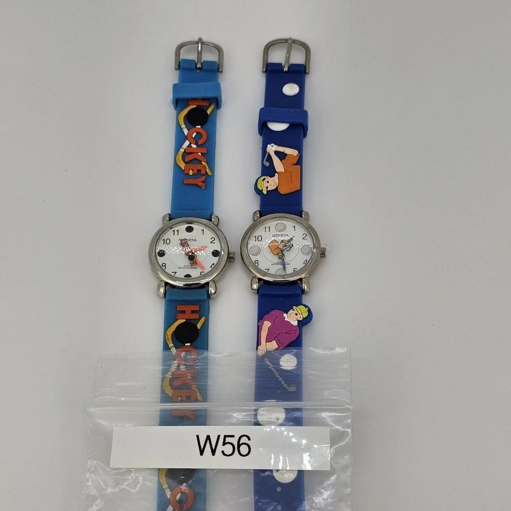 2X Kids Hockey Golf Sport Watches 27MM White Dial Blue Plastic Bands New Battery